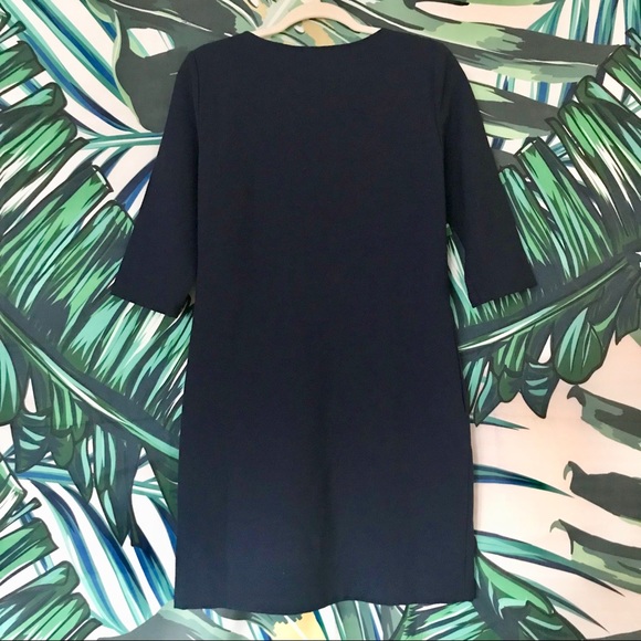 Navy Blue 3/4 Sleeve Dress with Leather Detail - Picture 3 of 5